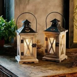 Lanterne Bougie En Bois - 28Cm Lanterne Decorative Bougeoir Vintage Decoration Shabby Chic Exterieur Intérieure De Table Maison Jardin Noel -ATMOSPHERA || VIDAXL || Safavieh Soldes 92690994 3
