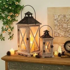 Lanterne Bougie En Bois - 28Cm Lanterne Decorative Bougeoir Vintage Decoration Shabby Chic Exterieur Intérieure De Table Maison Jardin Noel -ATMOSPHERA || VIDAXL || Safavieh Soldes 92690994 4