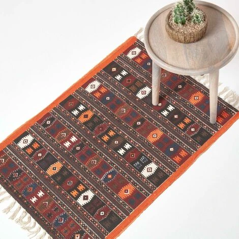 HOMESCAPES Tapis Kilim Imprimé Terracotta, Noir Et Marron 60 X 90 Cm 3 HOMESCAPES Tapis Kilim Imprimé Terracotta, Noir Et Marron 60 X 90 Cm