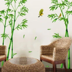 Stickers Muraux Grand Bambou Autocollant Mural Plante Verte Oiseaux Décoration Murale Chambre à Coucher Salon Bureau