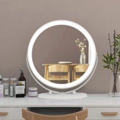 Hofuton Miroir De Maquillage à Ecran Tactile Eclairé Avec LED, Miroir Rond De Maquillage De Coiffeuse Pour Table, Blanc, 50CM, Blanc Froid