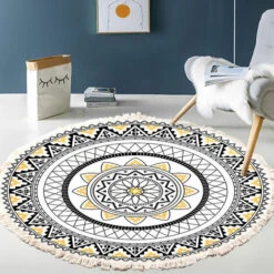 Déstockage Tapis Rond à Franges, Tapis Rond En Coton Lavable Et Antidérapant, Petit Tapis Rond Tissé Pour Chambre D'enfant Balcon (tapis Rond 60 Cm)