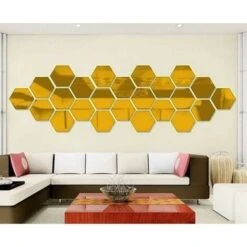 Lot De 12 Miroirs Acryliques Autocollants Muraux Hexagonaux En Plastique Pour Décoration D’Intérieur, Pour Le Salon, La Chambre À Coucher, Au Dessus Du Canapé Ou De La Télévision Doré -ATMOSPHERA || VIDAXL || Safavieh Soldes 96839389 3