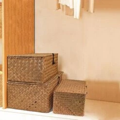 Panier De Rangement En Rotin Tressé Avec Couvercle Paniers à Linge En Jonc De Mer Organisateur De Maquillage Pour Salle De Bain, Salon, Cuisine - Disponible En 3 Modèles (S, M, L) -ATMOSPHERA || VIDAXL || Safavieh Soldes 97560843 3