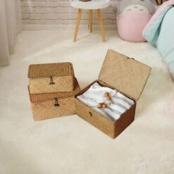 Panier De Rangement En Rotin Tressé Avec Couvercle Paniers à Linge En Jonc De Mer Organisateur De Maquillage Pour Salle De Bain, Salon, Cuisine - Disponible En 3 Modèles (S, M, L) -ATMOSPHERA || VIDAXL || Safavieh Soldes 97560843 4