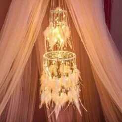 Décoration Attrape Rêve Avec Guirlande Lumineuse LED Chaude à Suspendre, Lumière Chaude Blanc Chaud, Blanc / Rose