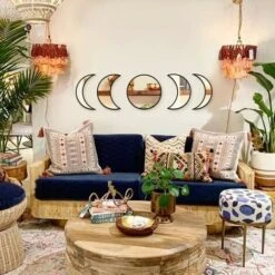 Décor Naturel Scandinave, Miroir De Phase De Lune En Verre, Design D'intérieur Miroir De Phase De Lune En Bois Décoration Murale Bohème Pour Chambre (noir)