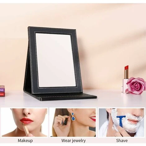 Miroir De Voyage Pliable Avec Miroir De Courtoisie, Miroir De Bureau Avec étui En Cuir PU Noir 4 Miroir De Voyage Pliable Avec Miroir De Courtoisie, Miroir De Bureau Avec étui En Cuir PU Noir – Image 2